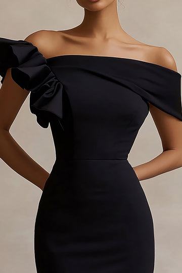 Off The Shoulder Ruffled Midi Black Tie Dress